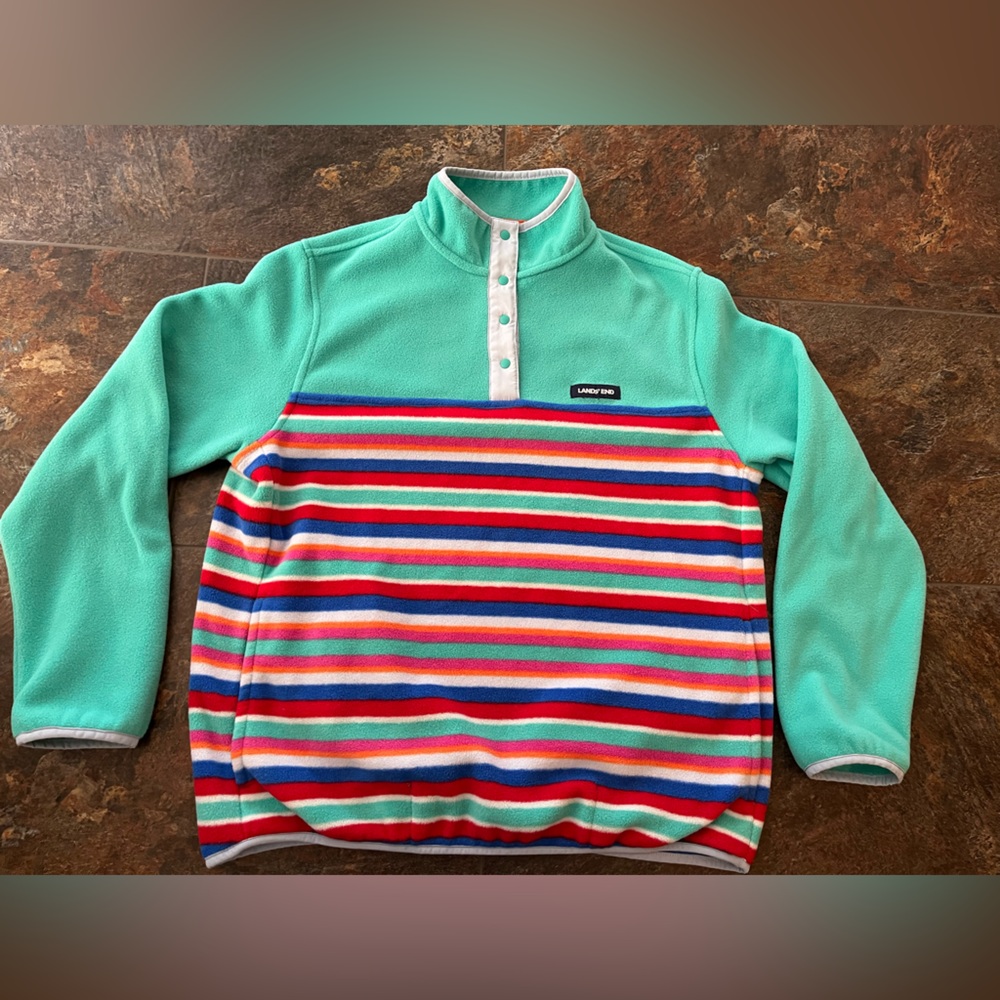 Women’s Lands’ End Heritage fleece pull over snap green striped jacket. Medium - Picture 6 of 16